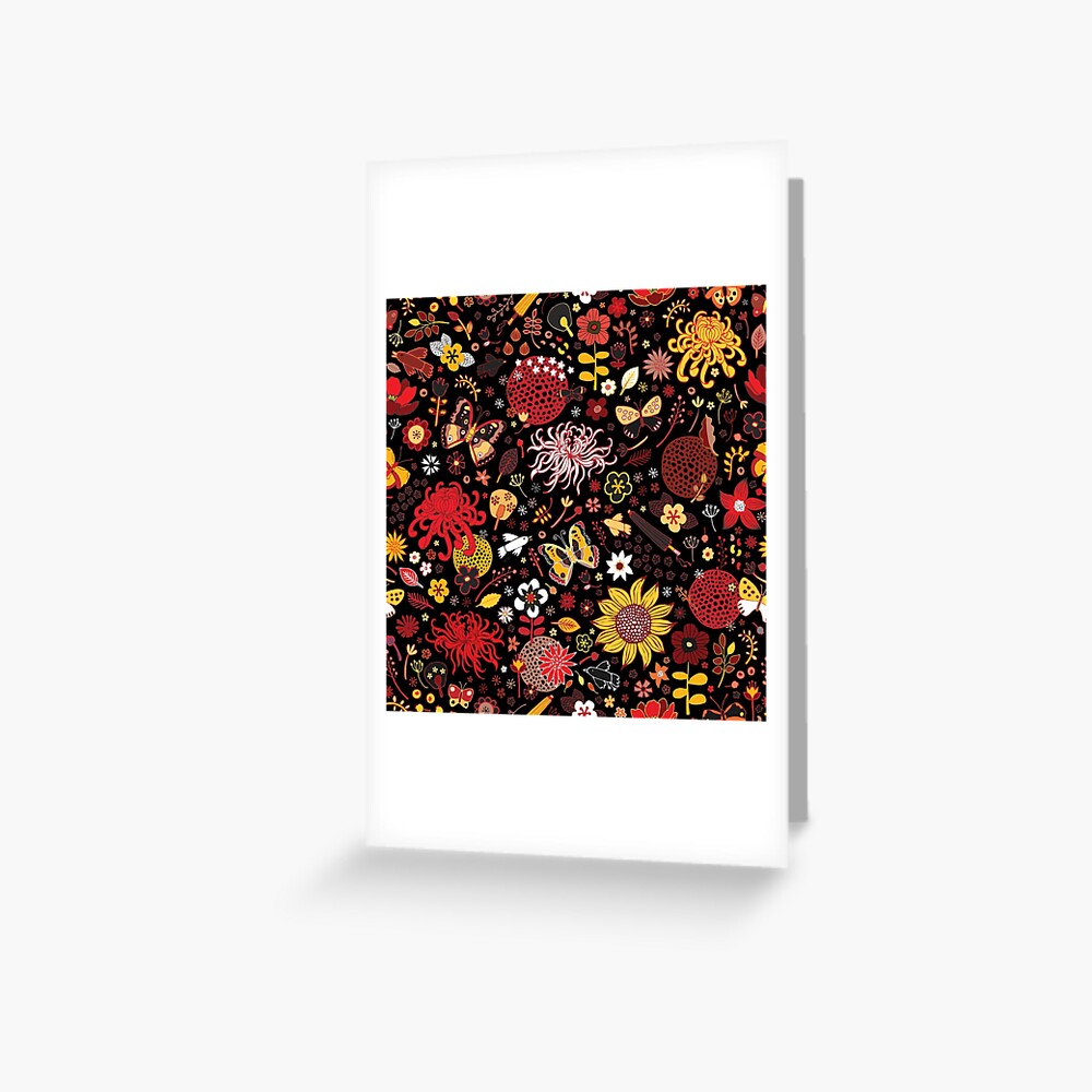 Japanese Garden - Red, Gold and Rust on Black - exotic floral pattern by Cecca Designs Greeting Card