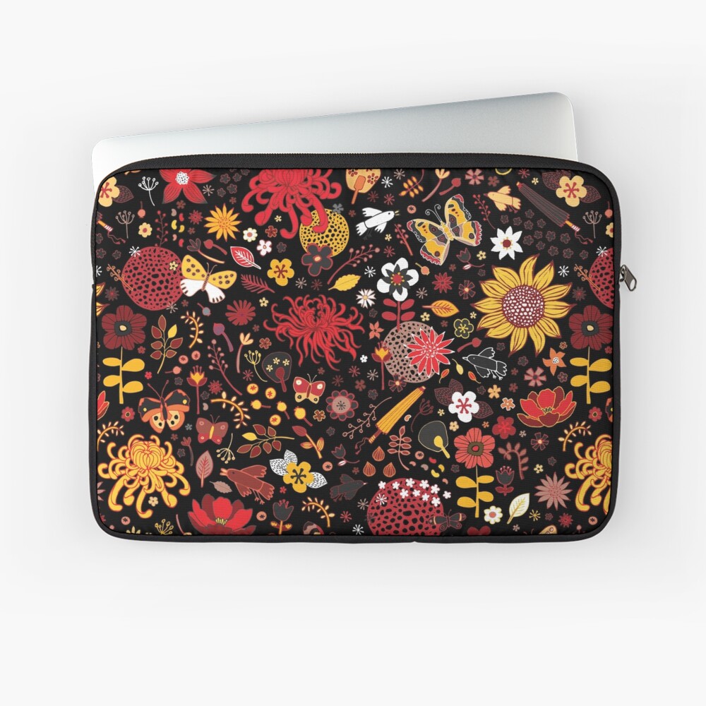 Japanese Garden - Red, Gold and Rust on Black - exotic floral pattern by Cecca Designs Laptop Sleeve