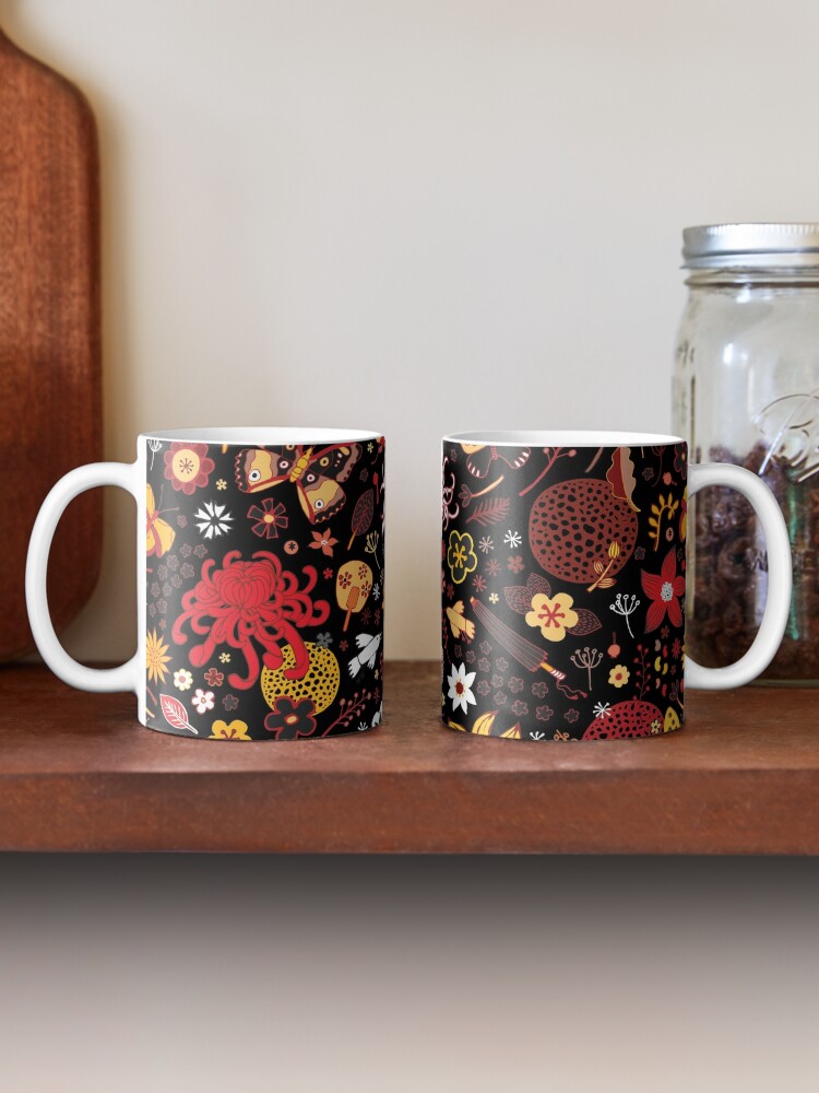 Alternate view of Japanese Garden - Red, Gold and Rust on Black - exotic floral pattern by Cecca Designs Coffee Mug