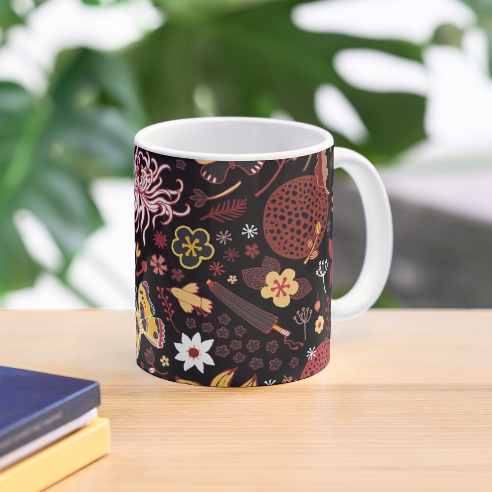 Japanese Garden - Red, Gold and Rust on Black - exotic floral pattern by Cecca Designs Coffee Mug