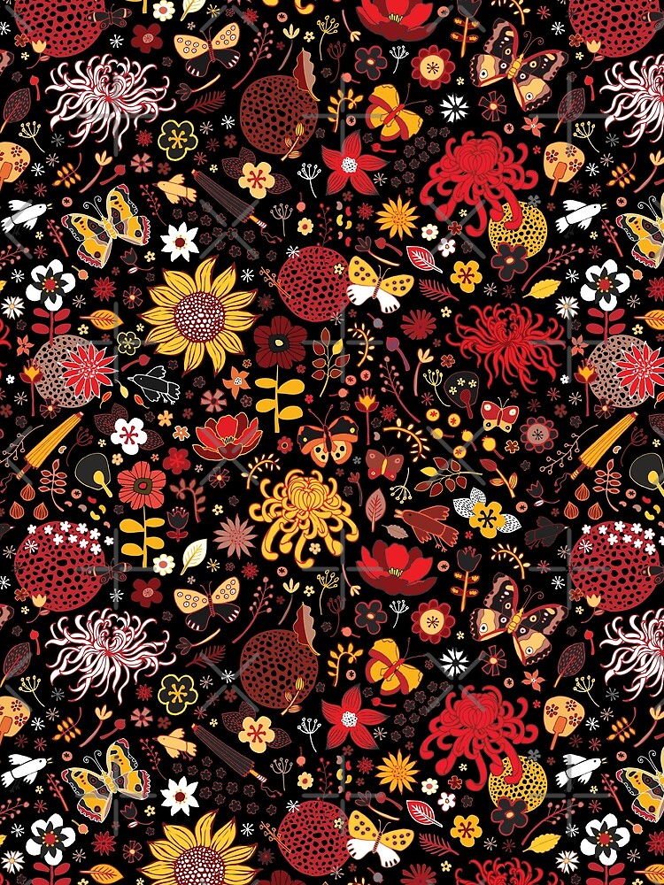 Japanese Garden - Red, Gold and Rust on Black - exotic floral pattern by Cecca Designs by Cecca-Designs