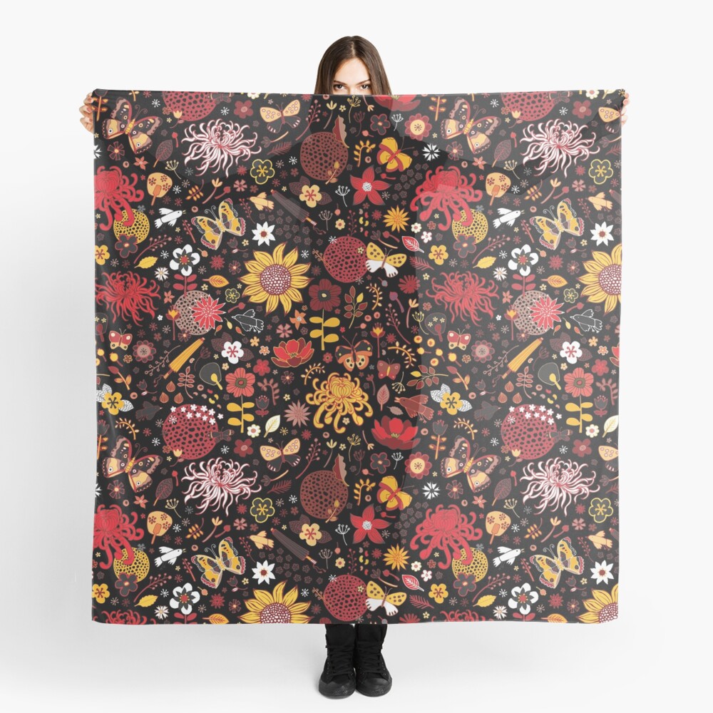 Japanese Garden - Red, Gold and Rust on Black - exotic floral pattern by Cecca Designs Scarf