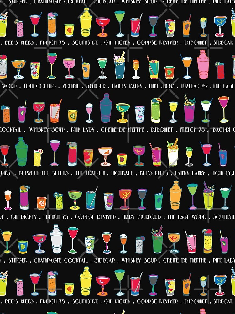 Line em Up! - Prohibition Cocktails pattern on black by Cecca Designs by Cecca-Designs