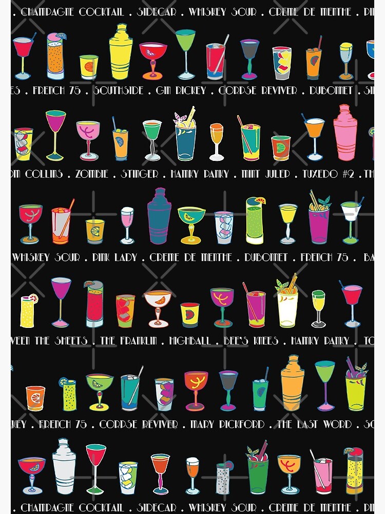 Line em Up! - Prohibition Cocktails pattern on black by Cecca Designs by Cecca-Designs
