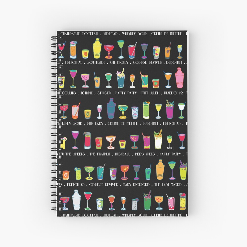 Line em Up! - Prohibition Cocktails pattern on black by Cecca Designs Spiral Notebook