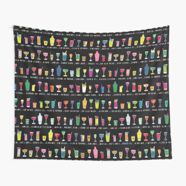 Line em Up! - Prohibition Cocktails pattern on black by Cecca Designs Tapestry