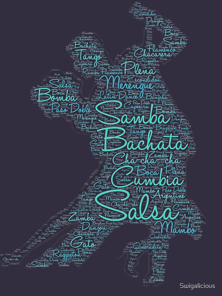 "Latin Dance Word Art Print 3 Blue Green" Tshirt for Sale by