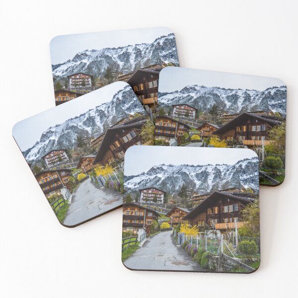 Item preview, Cozy houses and colorful plants near slope of snowy mountain designed and sold by TheVIP.