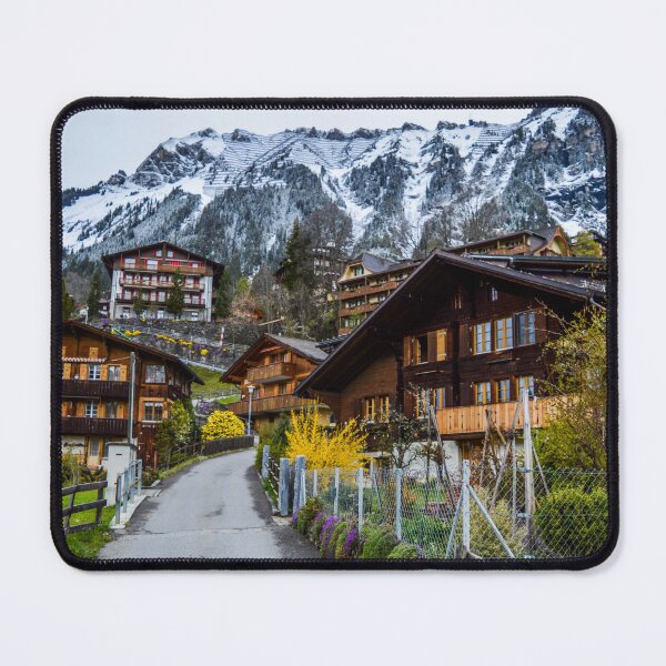 Item preview, Cozy houses and colorful plants near slope of snowy mountain designed and sold by TheVIP.