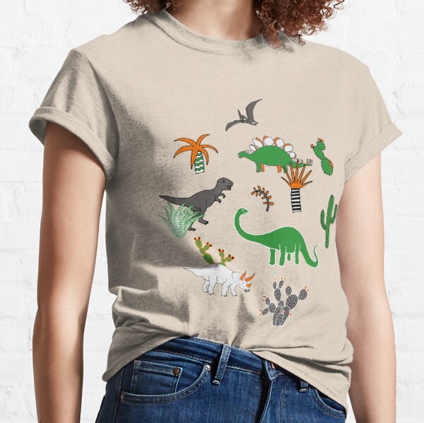 Dinosaur Desert - green and orange on grey - fun pattern by Cecca Designs Classic T-Shirt