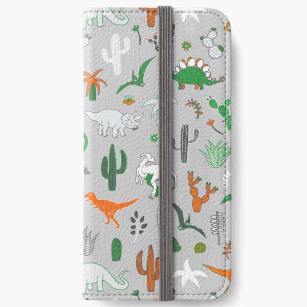 Dinosaur Desert - green and orange on grey - fun pattern by Cecca Designs iPhone Wallet