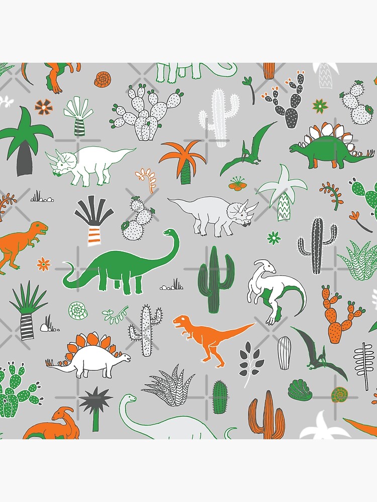 Dinosaur Desert - green and orange on grey - fun pattern by Cecca Designs by Cecca-Designs