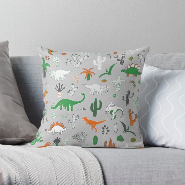 Dinosaur Desert - green and orange on grey - fun pattern by Cecca Designs Throw Pillow
