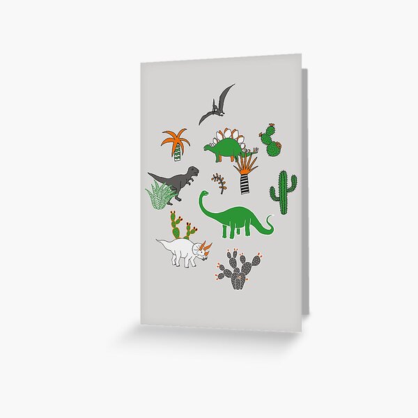 Dinosaur Desert - green and orange on grey - fun pattern by Cecca Designs Greeting Card