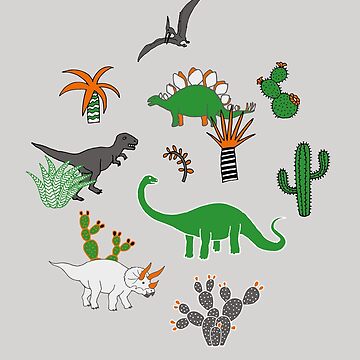 Artwork thumbnail, Dinosaur Desert - green and orange on grey - fun pattern by Cecca Designs by Cecca-Designs
