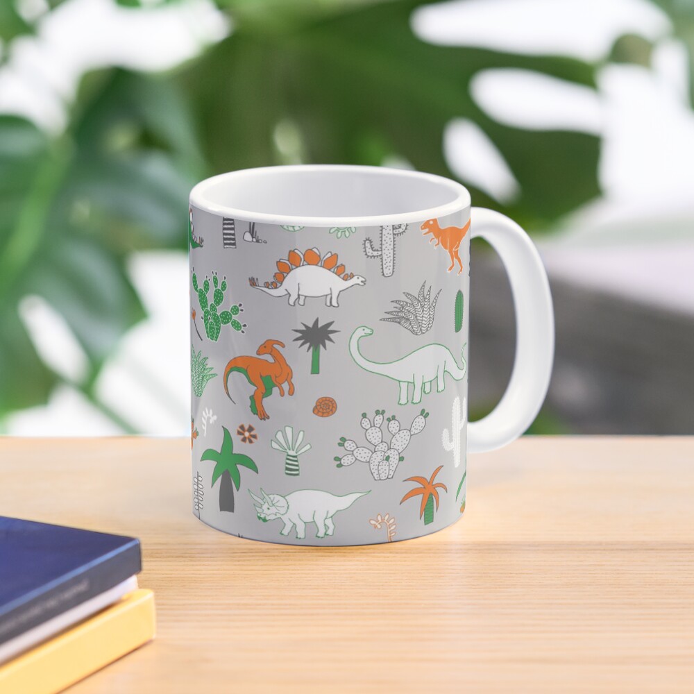 Dinosaur Desert - green and orange on grey - fun pattern by Cecca Designs Mug