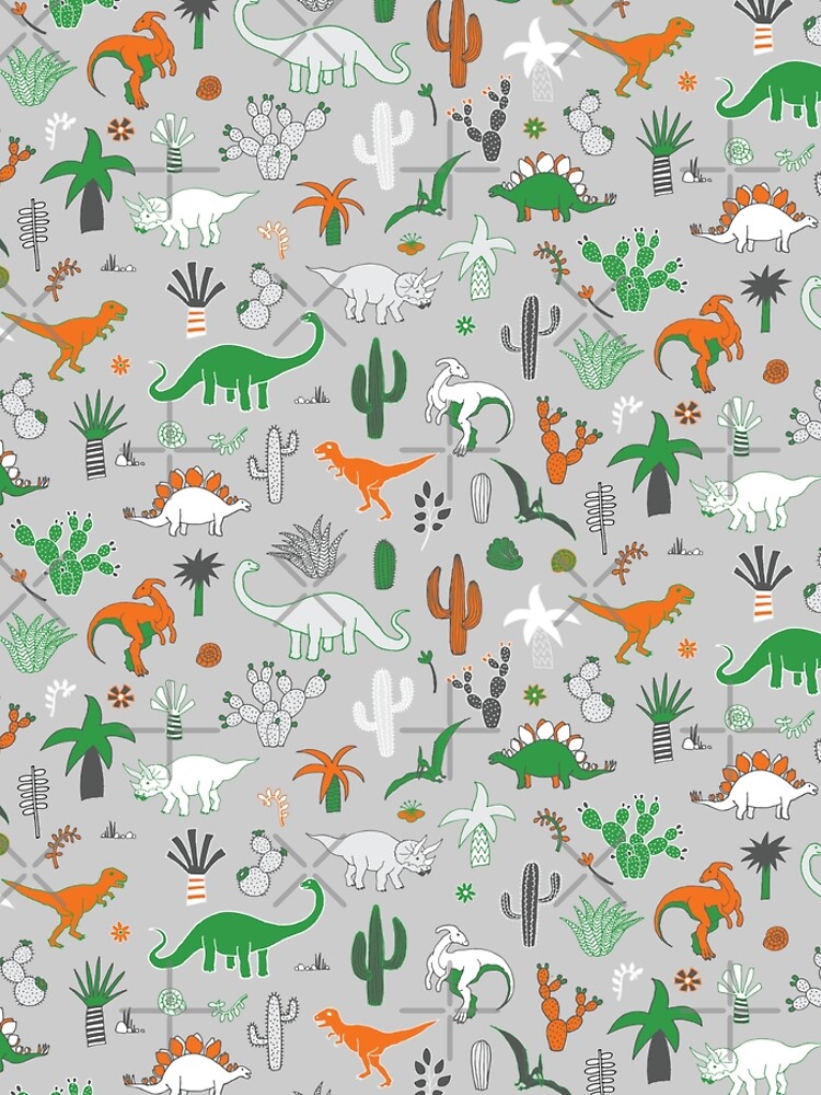 Dinosaur Desert - green and orange on grey - fun pattern by Cecca Designs by Cecca-Designs