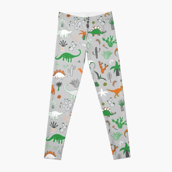 Dinosaur Desert - green and orange on grey - fun pattern by Cecca Designs Leggings