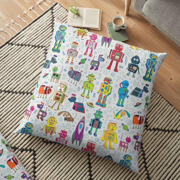 Robots in Space - grey - fun Robot pattern by Cecca Designs Floor Pillow