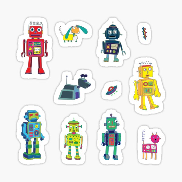 Robots in Space - grey - fun Robot pattern by Cecca Designs Sticker