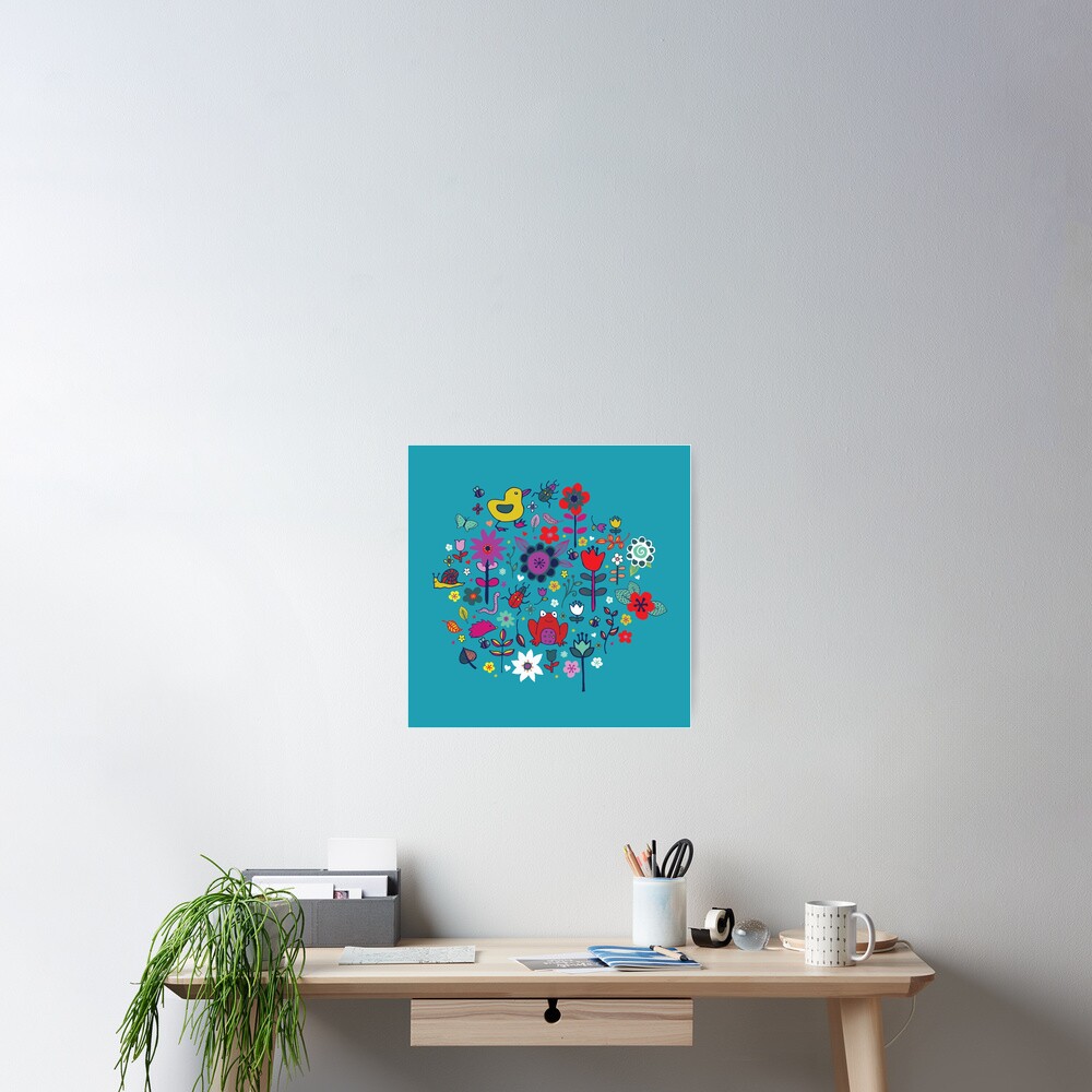 Ducks and Frogs in the Garden - cute floral pattern by Cecca Designs Poster