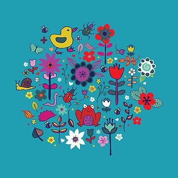 Artwork thumbnail, Ducks and Frogs in the Garden - cute floral pattern by Cecca Designs by Cecca-Designs