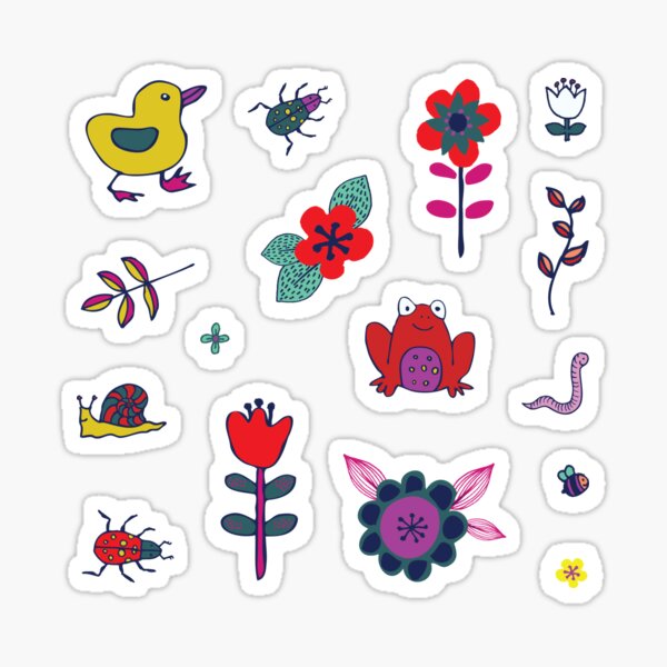 Ducks and Frogs in the Garden - cute floral pattern by Cecca Designs Sticker