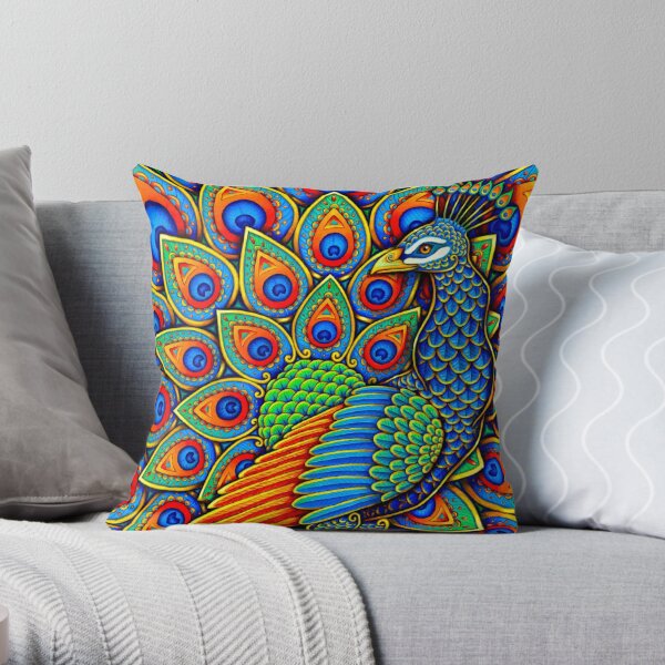 Colorful Paisley Peacock Rainbow Bird Throw Pillow