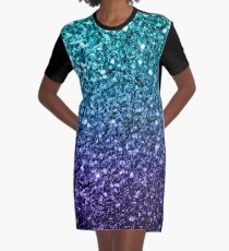Beautiful Aqua blue Ombre glitter sparkles Graphic T-Shirt Dress