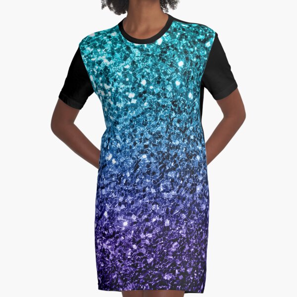 Beautiful Aqua blue Ombre glitter sparkles Graphic T-Shirt Dress