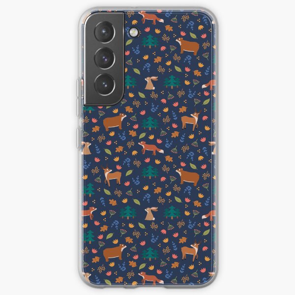 Pattern animaux folk, renard, ours, cerf et lapin, fond bleu-violet Coque souple Samsung Galaxy