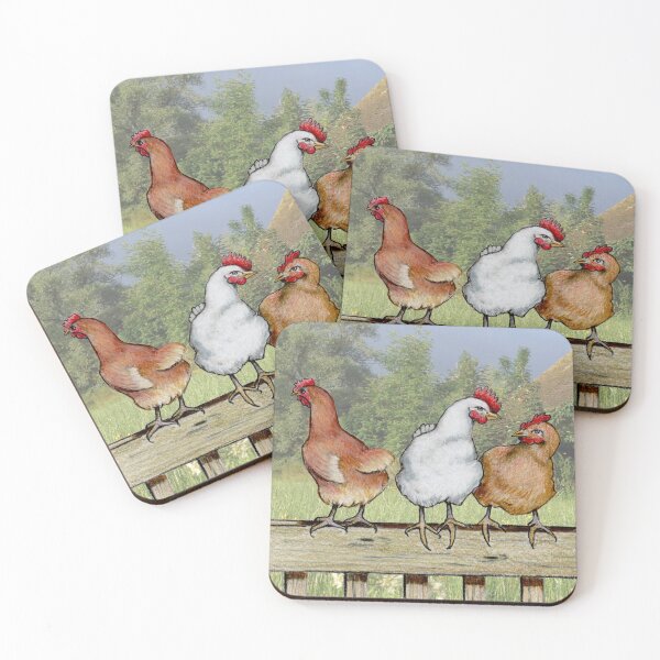 Item preview, Gossiping Hens, Three Chickens on a Fence Illustration, Humor, Farm Animals designed and sold by JoyfulWhimsy.