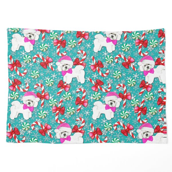 Bichon Frise and Bolognese dog Christmas Candy canes and snowflakes in red and teal Pet Blanket