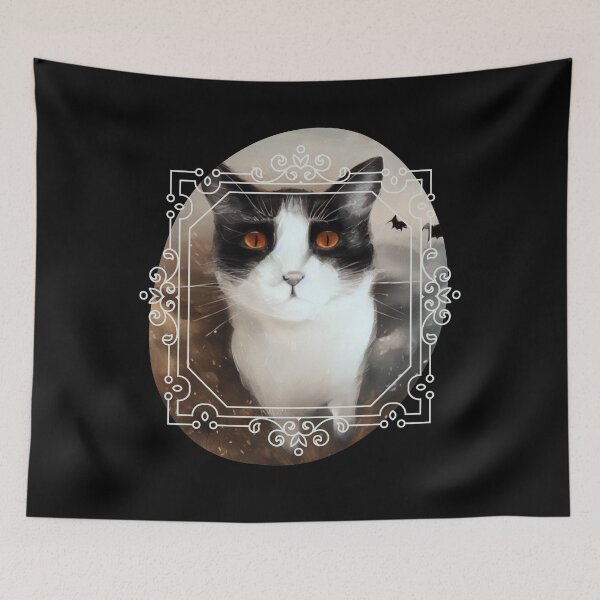 Artikelvorschau, Art Deco Space Kitty, eine wirklich coole Tuxedo-Katze mit Galaxie und Fledermäusen entworfen und verkauft von 18thCircusCat.