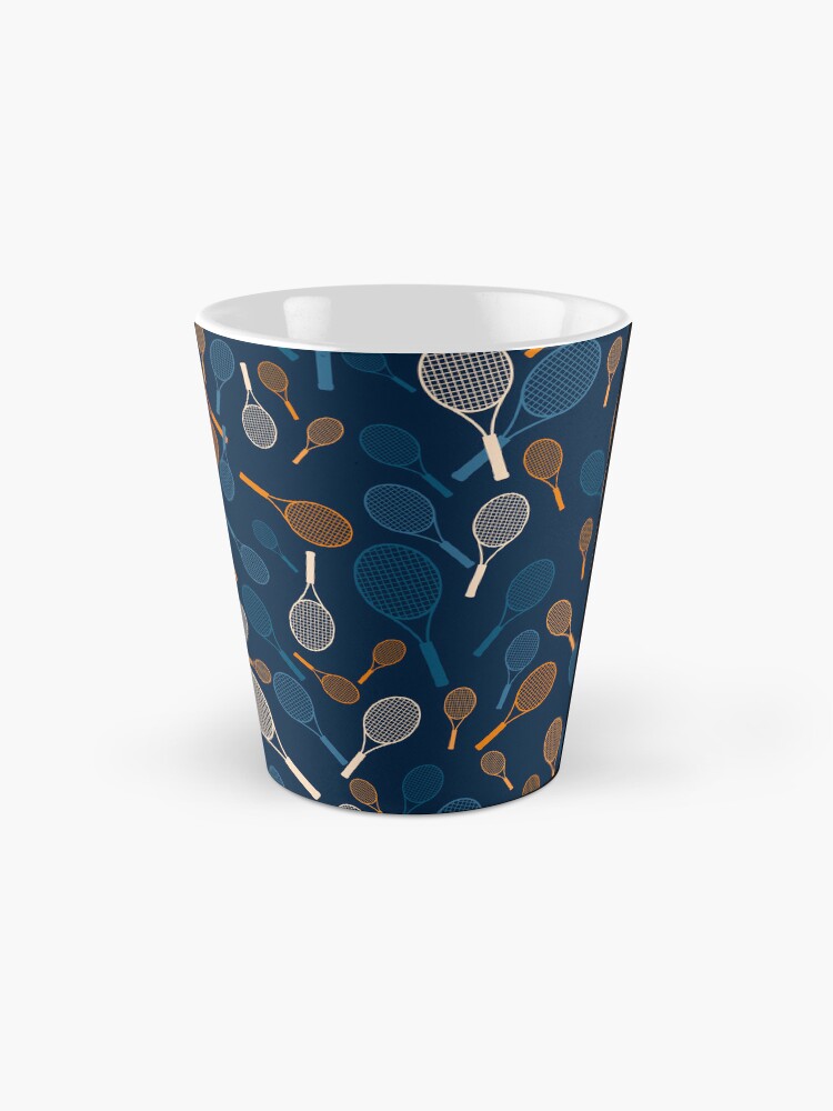 Thumbnail 2 of 4, Coffee Mug, Tennis Rackets Print on Dark Blue Background designed and sold by BigCityTennis.