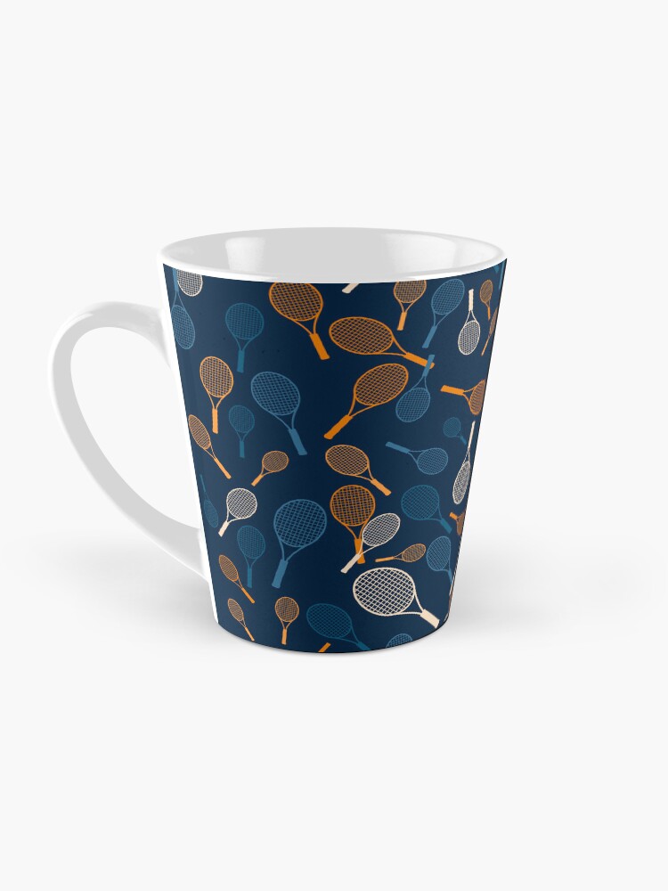 Thumbnail 3 of 4, Coffee Mug, Tennis Rackets Print on Dark Blue Background designed and sold by BigCityTennis.
