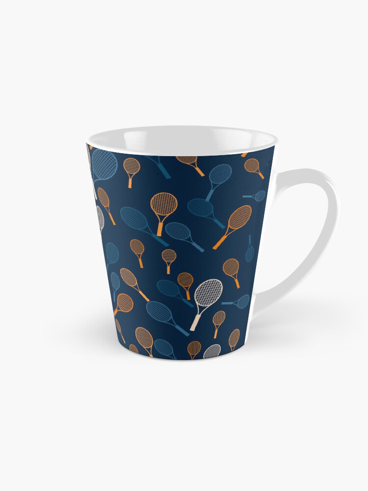 Thumbnail 1 of 4, Coffee Mug, Tennis Rackets Print on Dark Blue Background designed and sold by BigCityTennis.