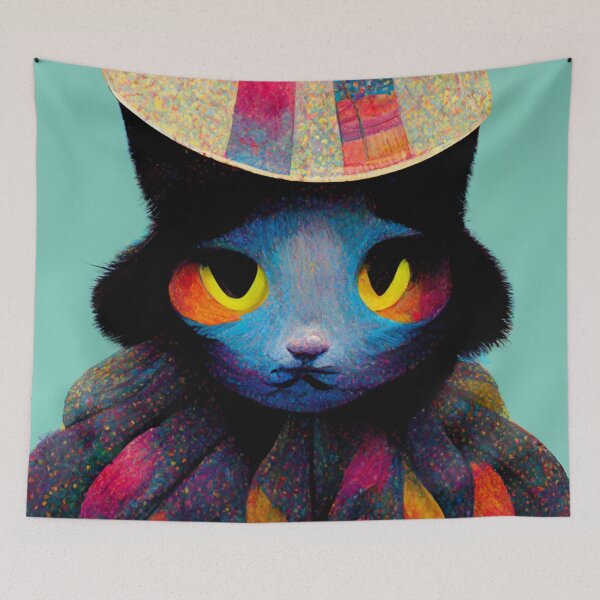 Item preview, Colorful cat wearing a surreal hat designed and sold by AmazinfArt.