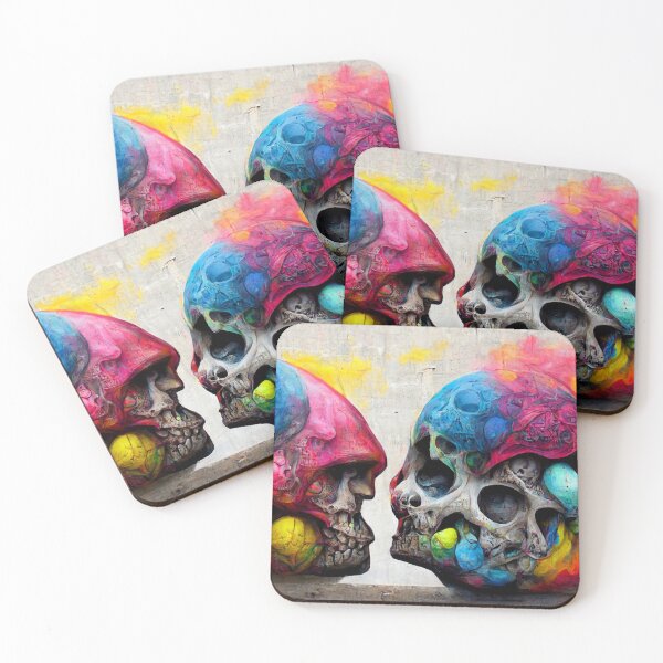 Item preview, Colored skulls facing each other with graffiti detail designed and sold by AmazinfArt.