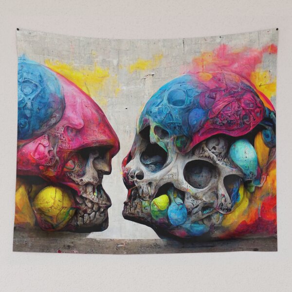 Item preview, Colored skulls facing each other with graffiti detail designed and sold by AmazinfArt.