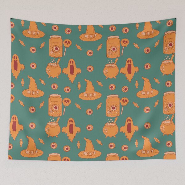 Item preview, Incredible creepy Halloween pattern with a green background to always carry the spirit of Autumn with you designed and sold by Patternschidos.