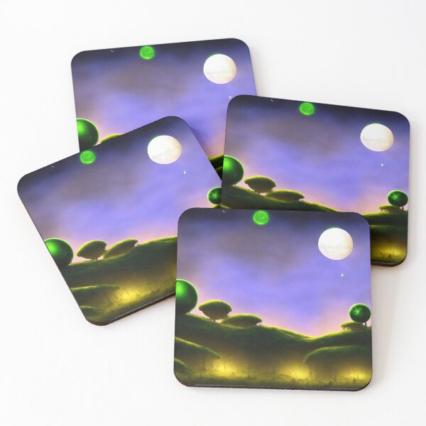 Item preview, Alien landscape with green orbs and a green frozen planet in the sky, golden glowing grottos  designed and sold by BrachiaST.