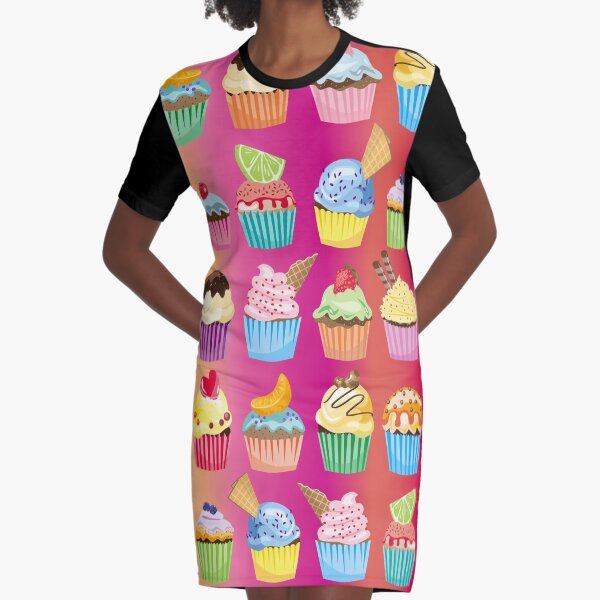 Cupcakes Galore Delicious Yummy Sugary Sweet Baked Treats Graphic T-Shirt Dress