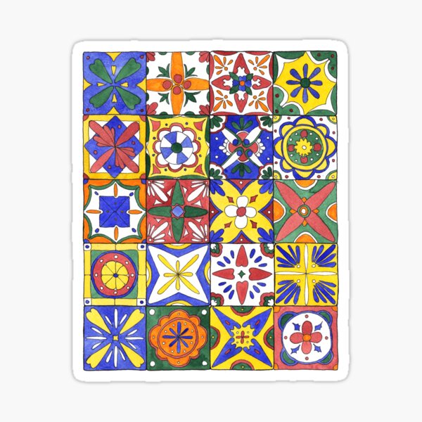 Colorful Mexican tiles - in pen and watercolors Sticker