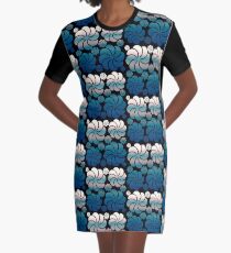 Pink Blush and Teal Blue Ombre Hawaiian Inspired Mosaic Flower Waterfall Back to School Graphic T-Shirt Dress