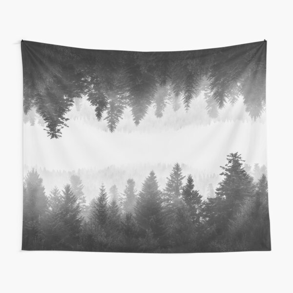 Black and white foggy mirrored forest Tapestry