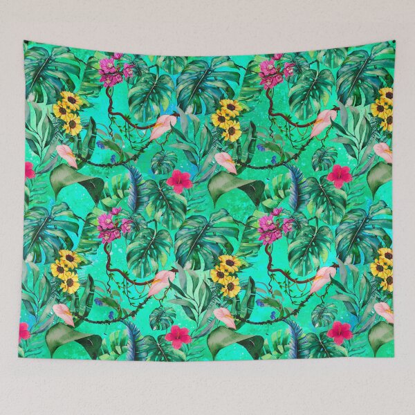 Item preview, Exotic turquoise forest, leaves and flowers tropical pattern, botanical illustration, floral illustration   designed and sold by ZeinabTaha.