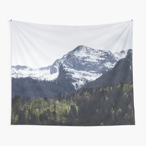 Winter and Spring - green trees and snowy mountains Tapestry