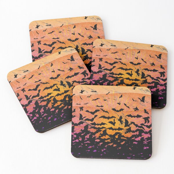 Item preview, Flying bat silhouettes against an orange and purple watercolor sunset designed and sold by RedFinchDesigns.