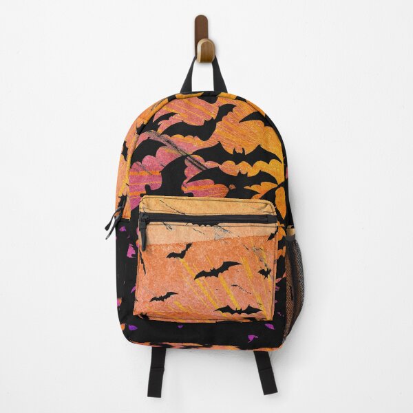 Item preview, Flying bat silhouettes against an orange and purple watercolor sunset designed and sold by RedFinchDesigns.